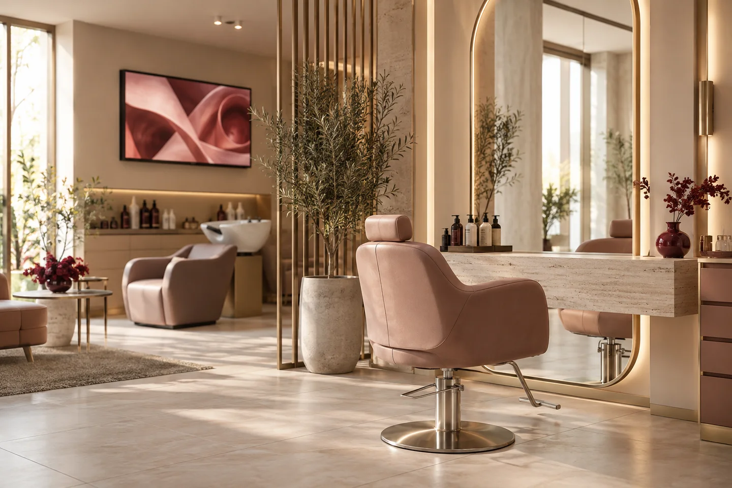 Ambiente ilustrativo de salão de beleza com espelhos arqueados e cadeiras rosé